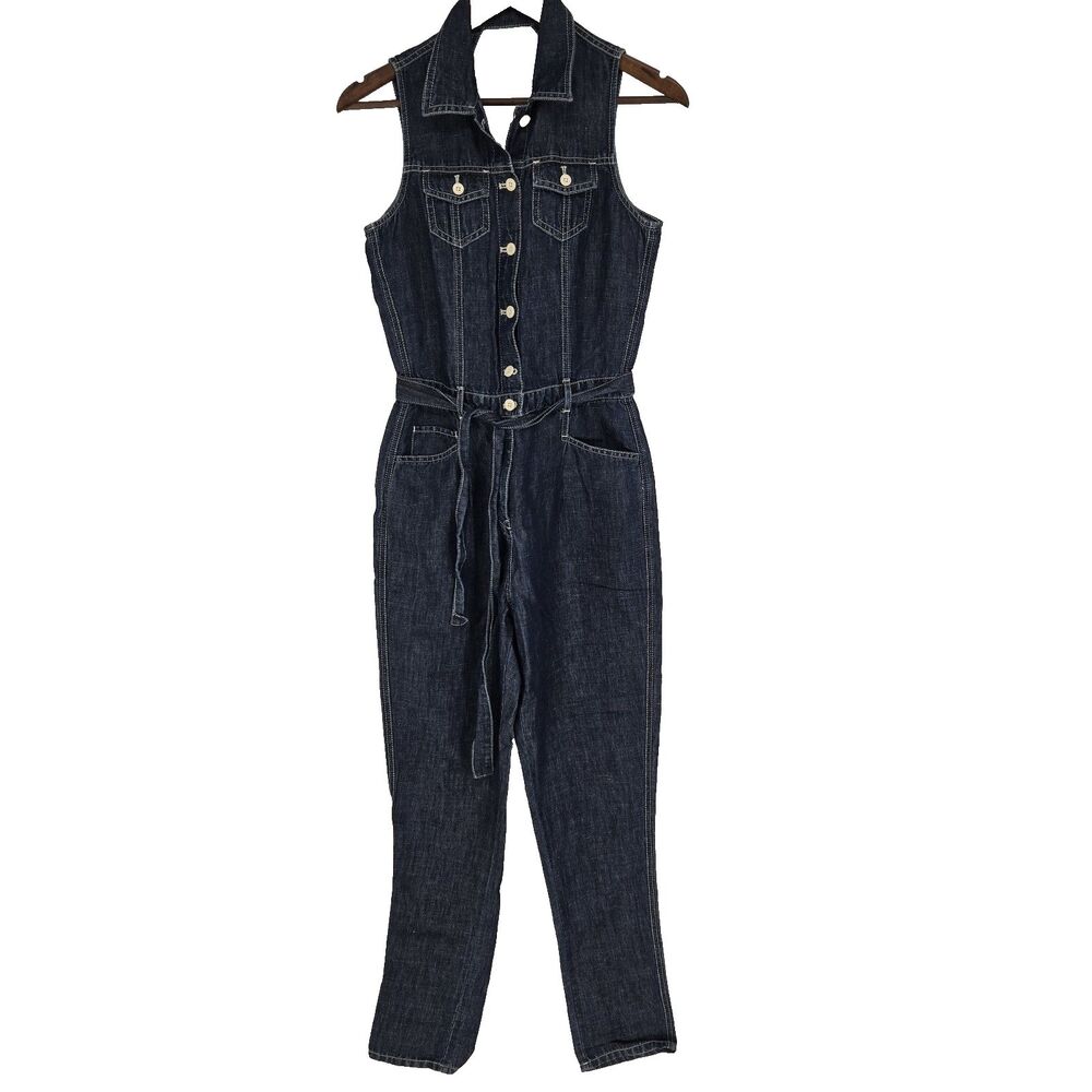 Gap 1969 Linen Blend Utility Denim Jumpsuit Sleeveless Blue XS